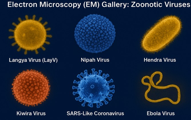 “Electron microscopy-style 3D render of multiple zoonotic viruses, including Langya, Nipah, Hendra, Kiwira, SARS-like coronavirus, and Ebola, used for educational reference in virology blogs.”
