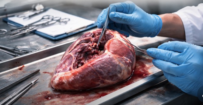 Forensic autopsy in sudden cardiac death showing examination of heart during postmortem analysis