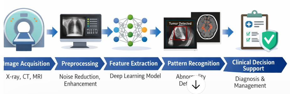 AI in medical imaging workflow showing image acquisition preprocessing feature extraction pattern recognition and clinical decision support